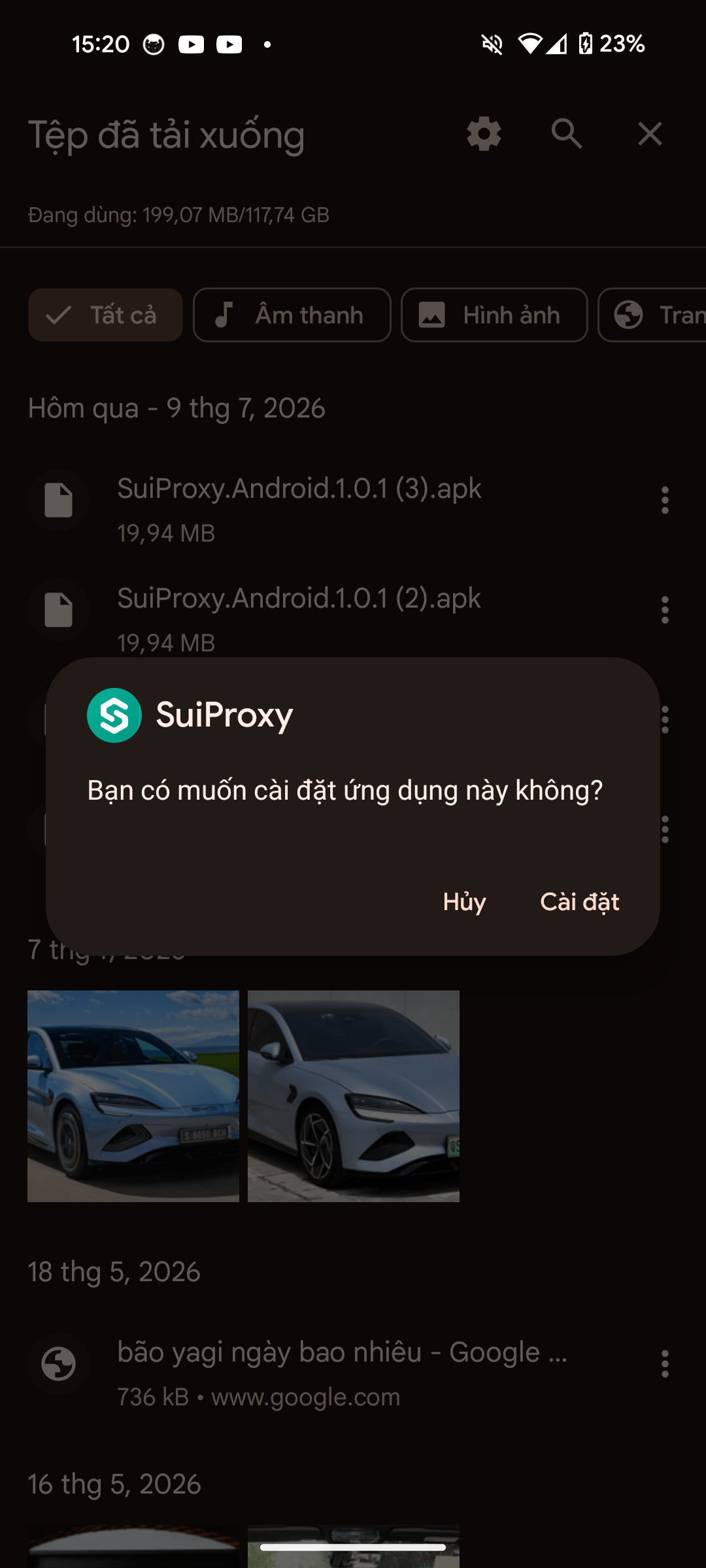 Hộp thoại xác nhận cài đặt ứng dụng SuiProxy từ file APK trên Android