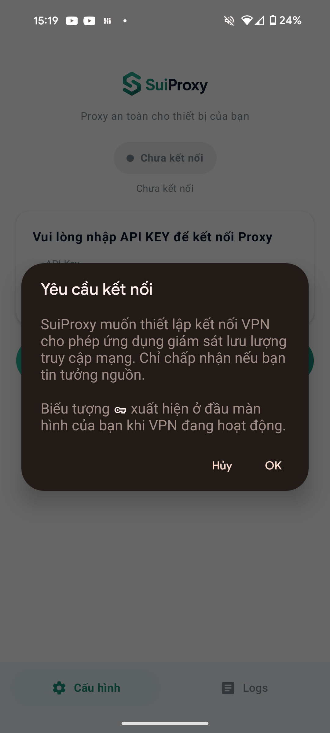 Hộp thoại Yêu cầu kết nối VPN của Android khi bật proxy bằng SuiProxy