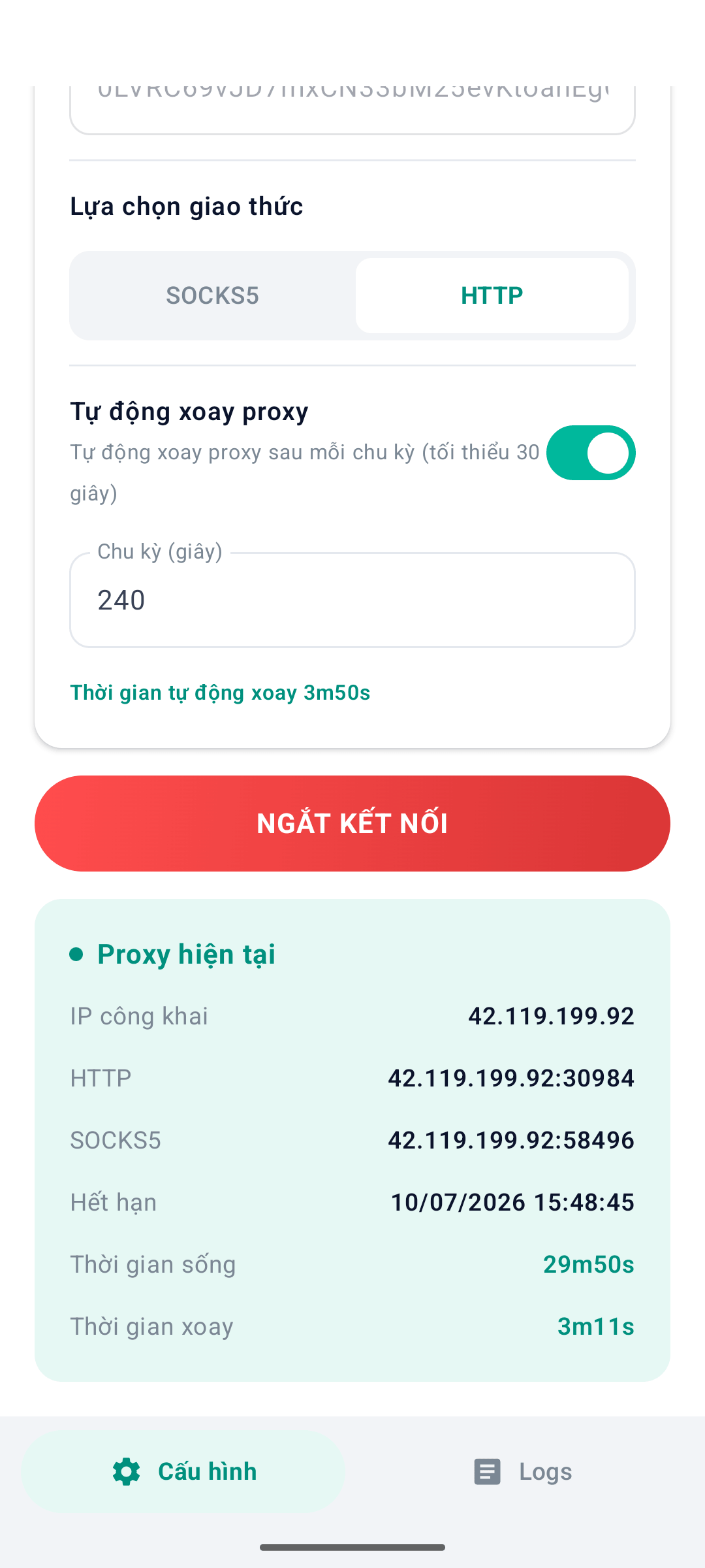 Chọn giao thức HTTP hoặc SOCKS5 và đặt chu kỳ tự động xoay IP trên SuiProxy Android