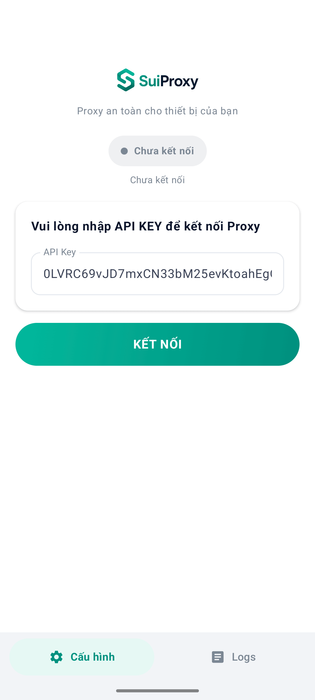 Dán API Key vào ứng dụng SuiProxy Android rồi bấm nút Kết nối