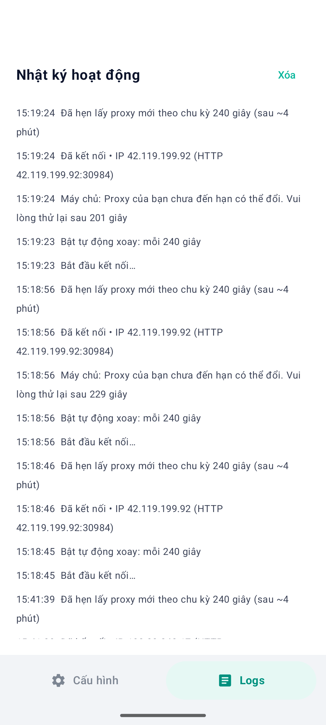 Nhật ký hoạt động ghi lại lịch sử kết nối và xoay IP trên SuiProxy Android