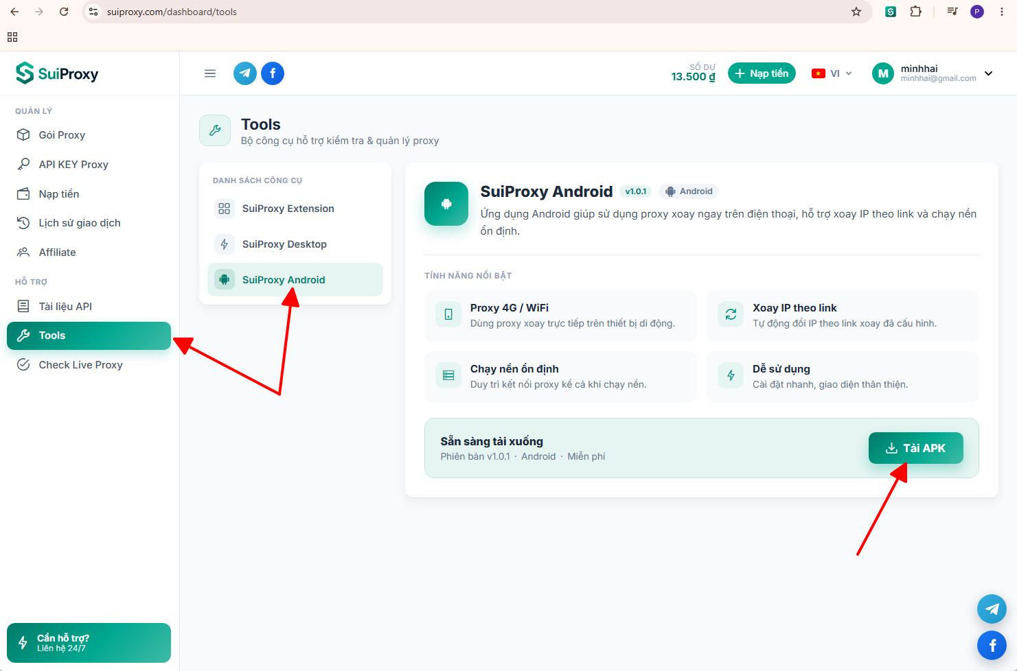 Tải file APK SuiProxy Android trong mục Tools của trang quản trị SuiProxy