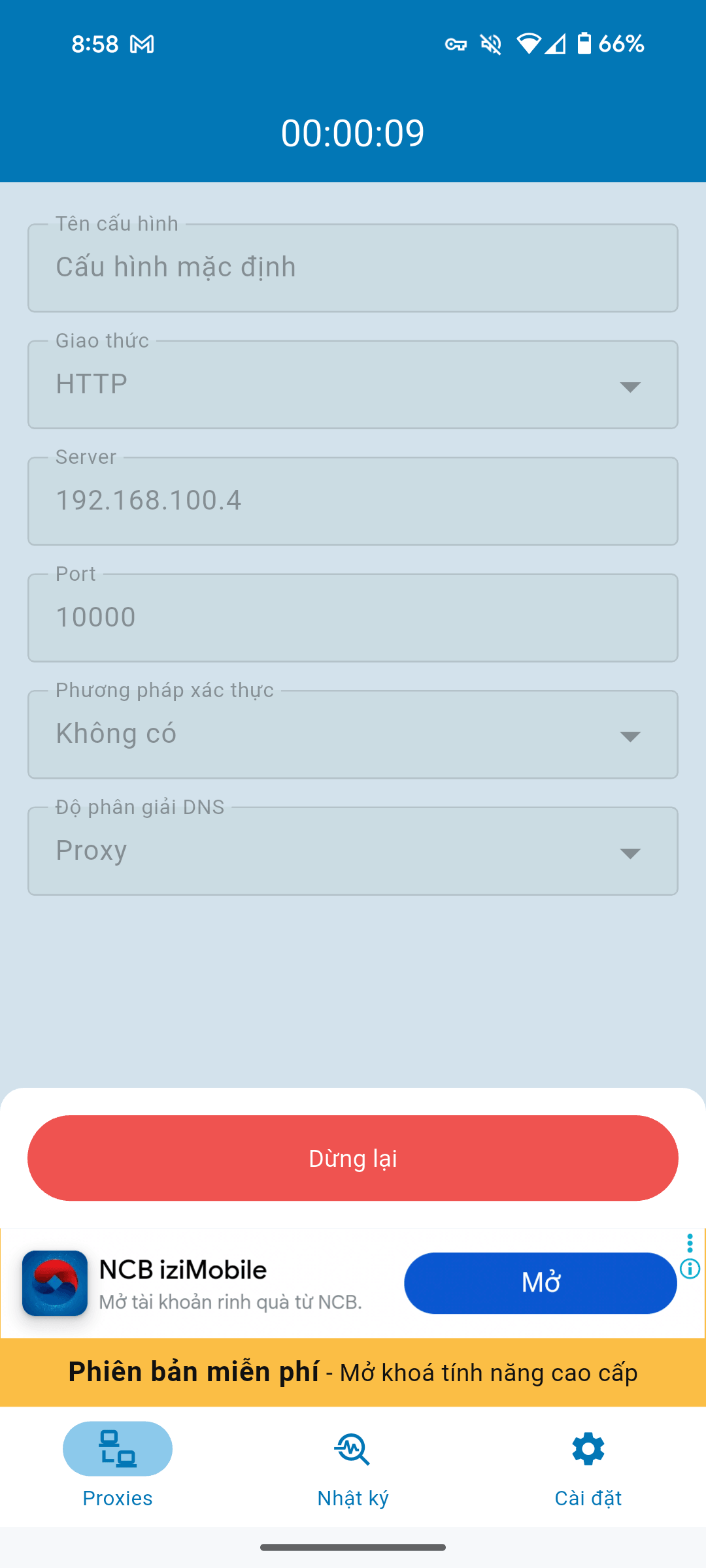 Super Proxy kết nối thành công tới proxy LAN của SuiProxy Desktop, đồng hồ bắt đầu đếm