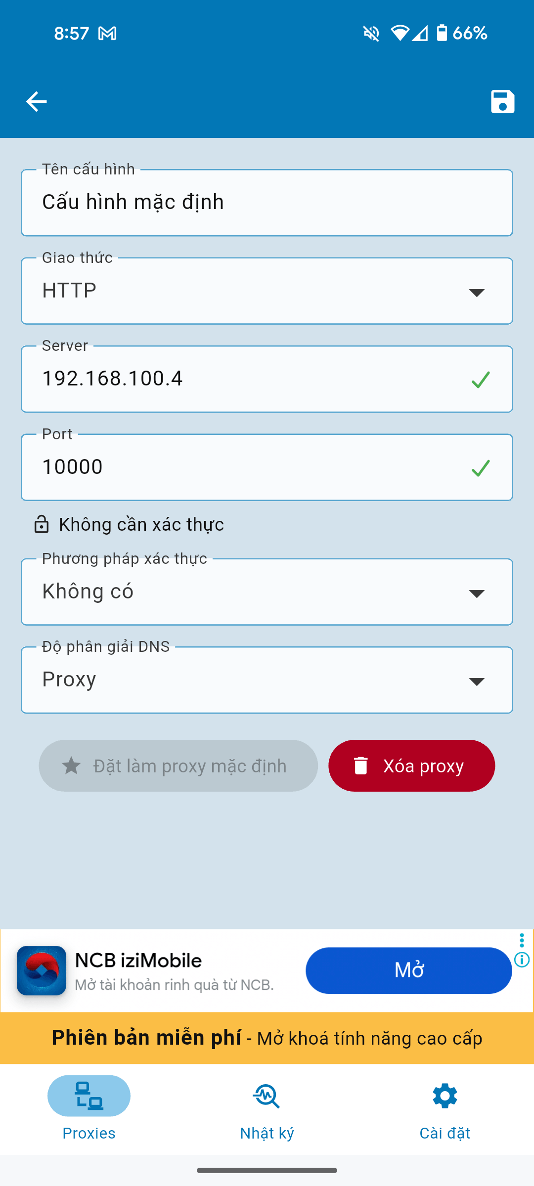Nhập server 192.168.100.4 và port 10000 trên Super Proxy để kết nối tới SuiProxy Desktop qua LAN