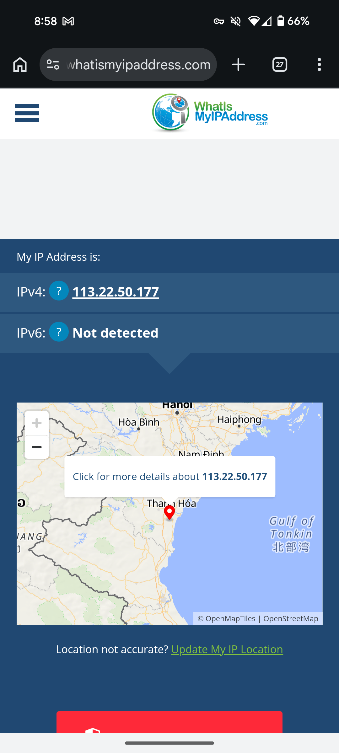 Trang whatismyipaddress hiển thị IP của proxy, xác nhận điện thoại đã đi qua proxy SuiProxy