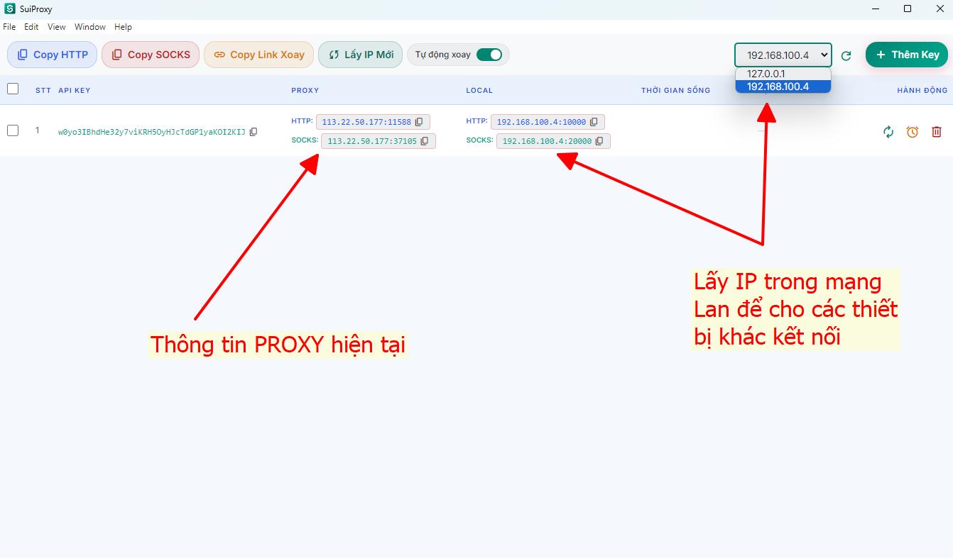 Chuyển địa chỉ LOCAL sang IP mạng LAN để chia sẻ proxy cho thiết bị khác trên SuiProxy Desktop