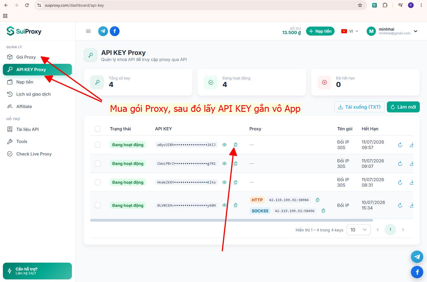 Mua gói Proxy rồi sao chép API Key trong mục API KEY Proxy của trang quản trị SuiProxy