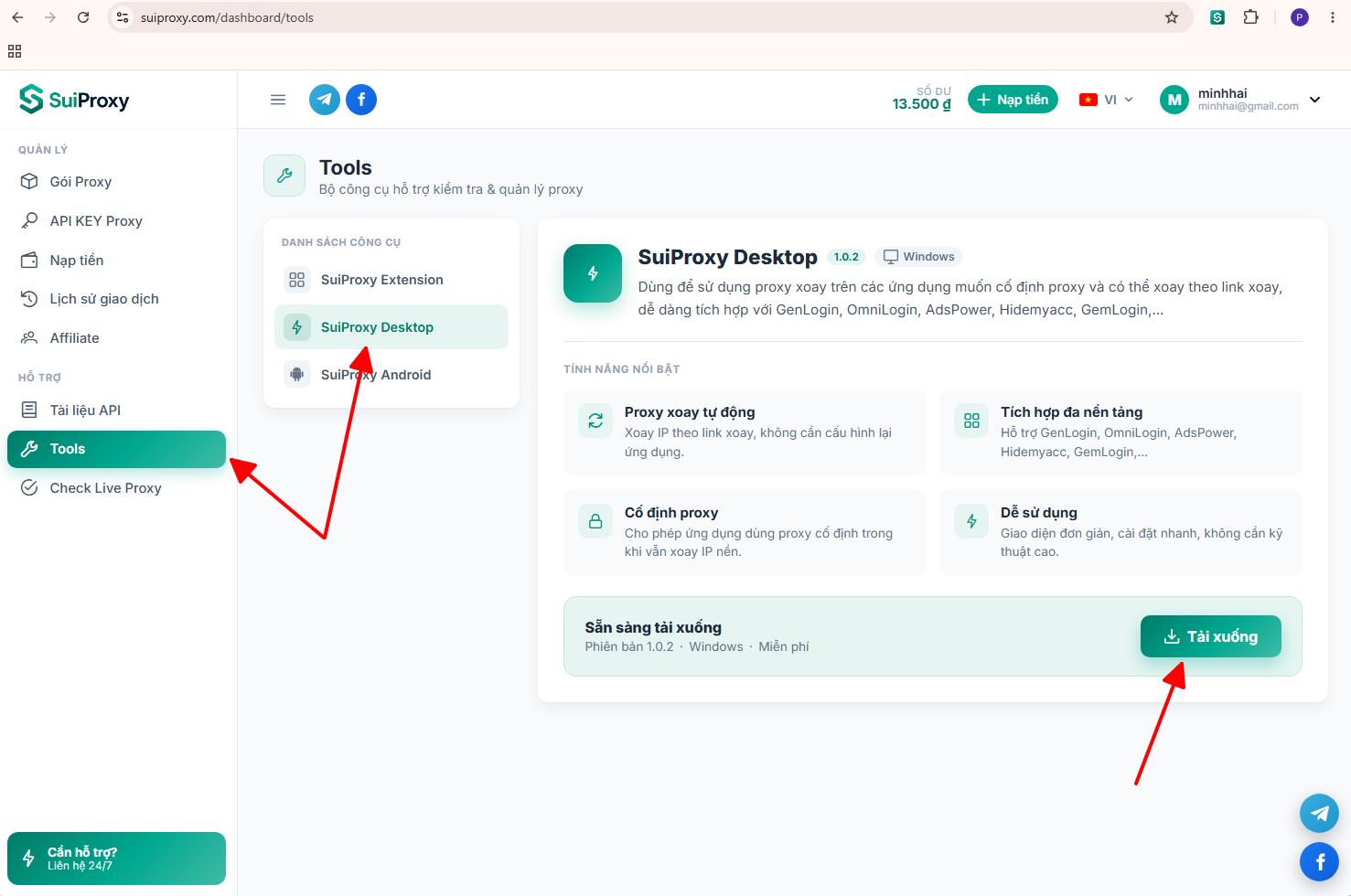 Tải phần mềm SuiProxy Desktop trong mục Tools của trang quản trị SuiProxy