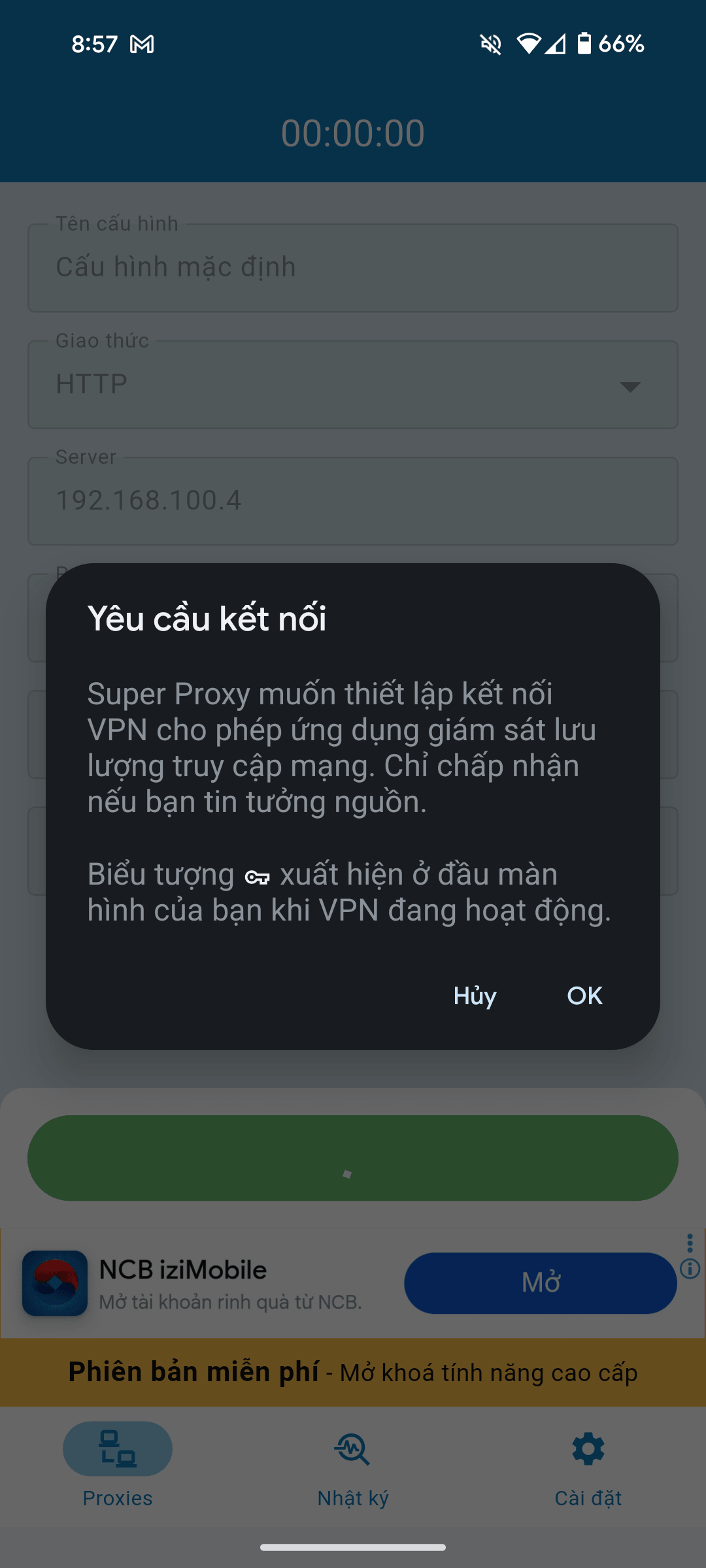 Chạm OK ở hộp thoại Yêu cầu kết nối VPN trên Super Proxy