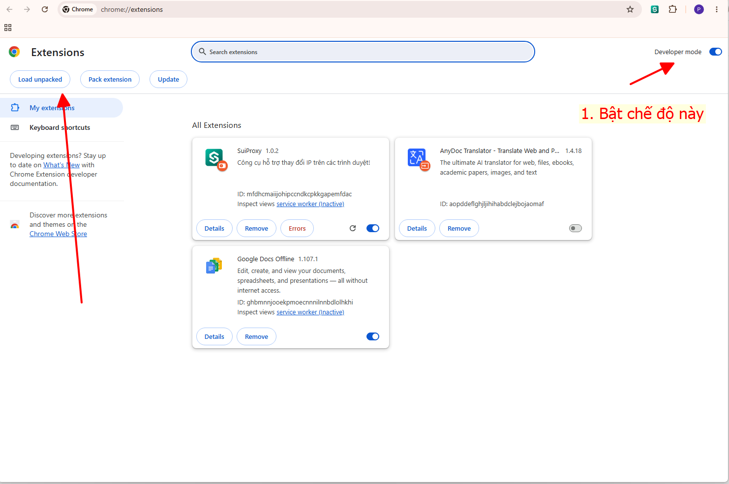 Bật Chế độ dành cho nhà phát triển rồi bấm Load unpacked để cài SuiProxy Extension lên Chrome
