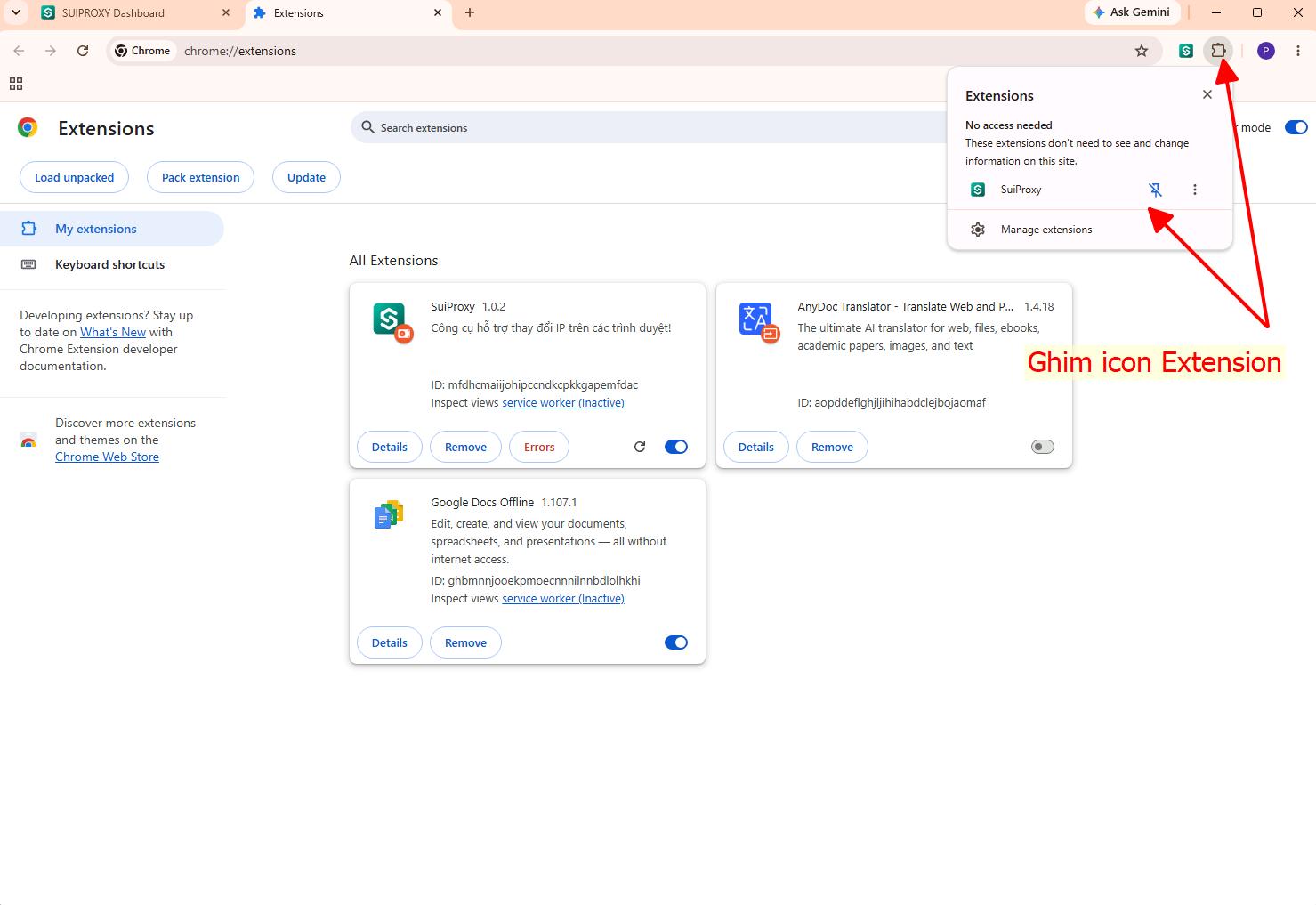 Ghim biểu tượng SuiProxy Extension ra thanh công cụ của trình duyệt
