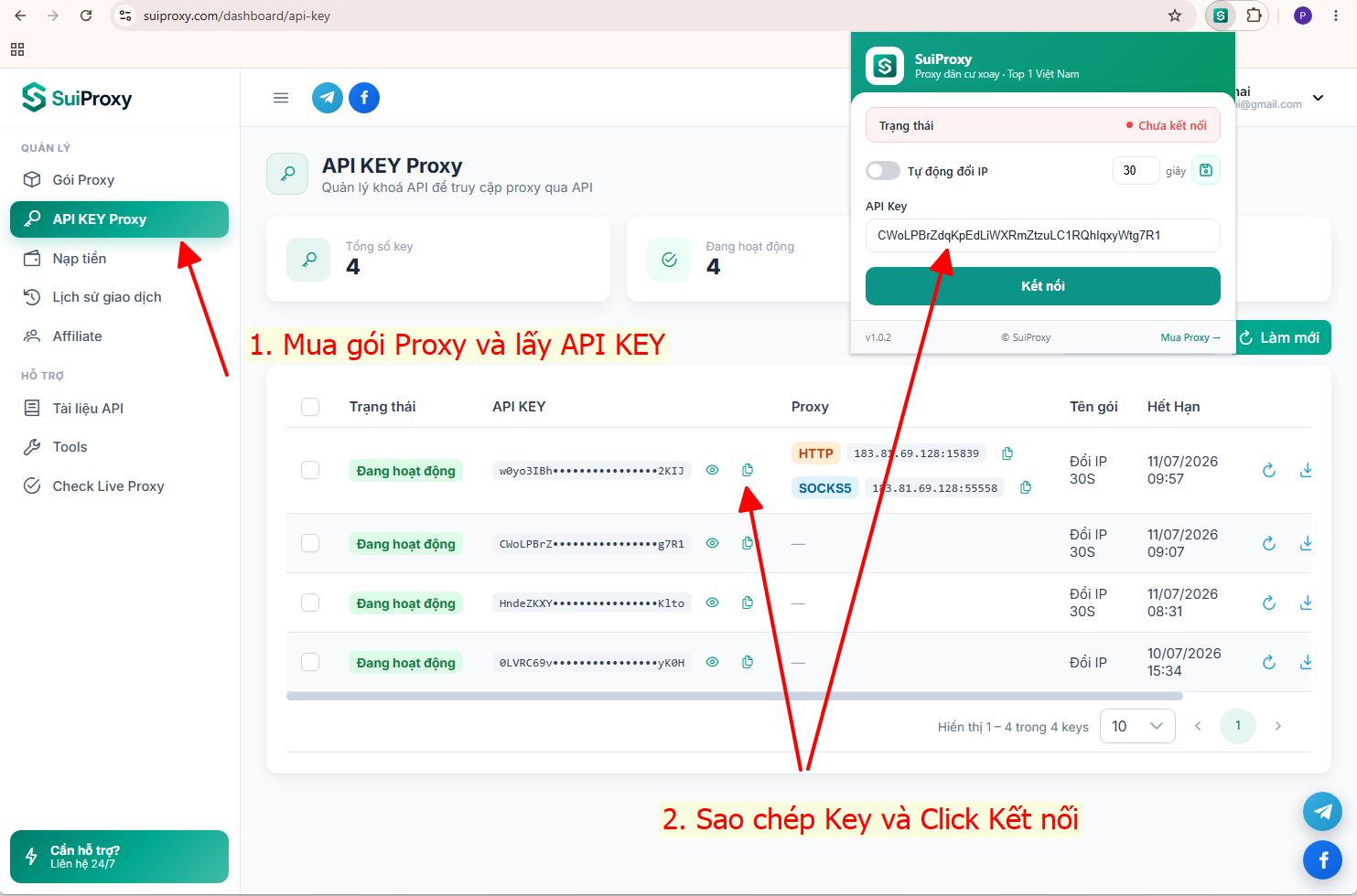 Sao chép API Key từ trang quản trị SUIPROXY rồi dán vào ô API Key của tiện ích và bấm Kết nối