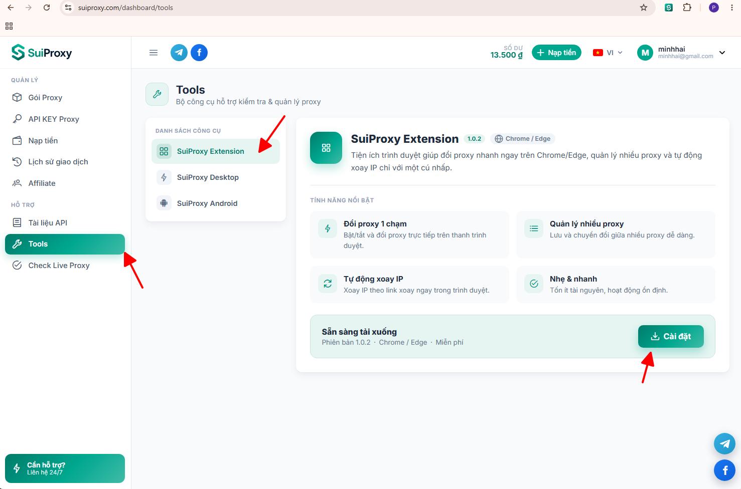 Tải SuiProxy Extension trong mục Tools của trang quản trị SUIPROXY